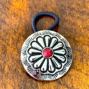 Western Concho Hair Tie – Navajo Style Medallion with Red Accent Stone